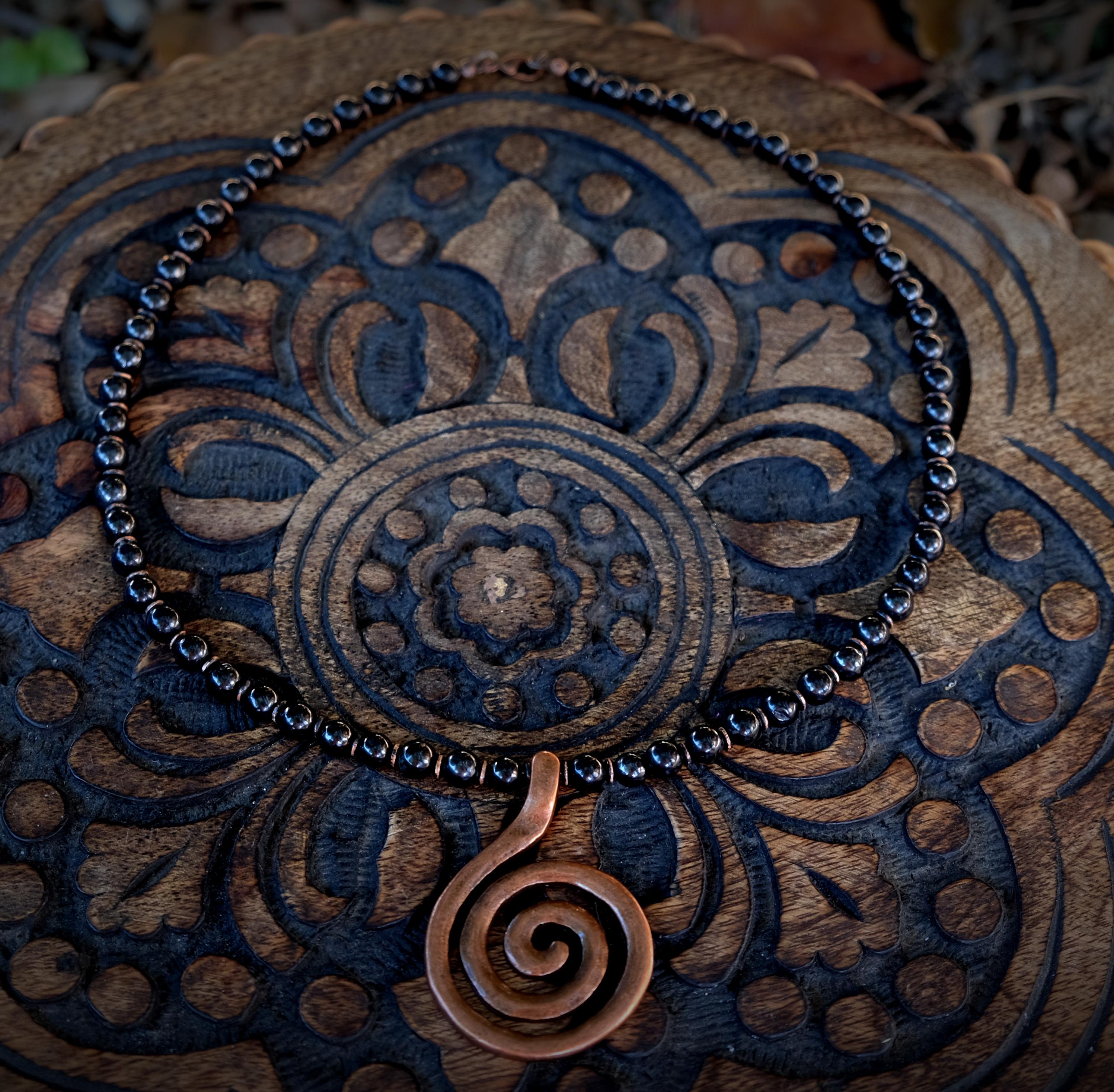 6mm Shungite, Tribal Brass Disc Spacer Beads Swirl Coil 10-14mm One-of-a-kind Handmade Jewelry 19.5'' Necklace