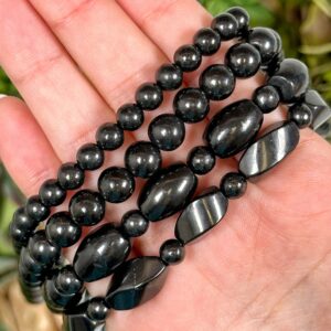Shungite Beaded Necklace | 6-10mm | - No. 282 (polished Black Crystal Jewelry, Root Chakra, Grounding)