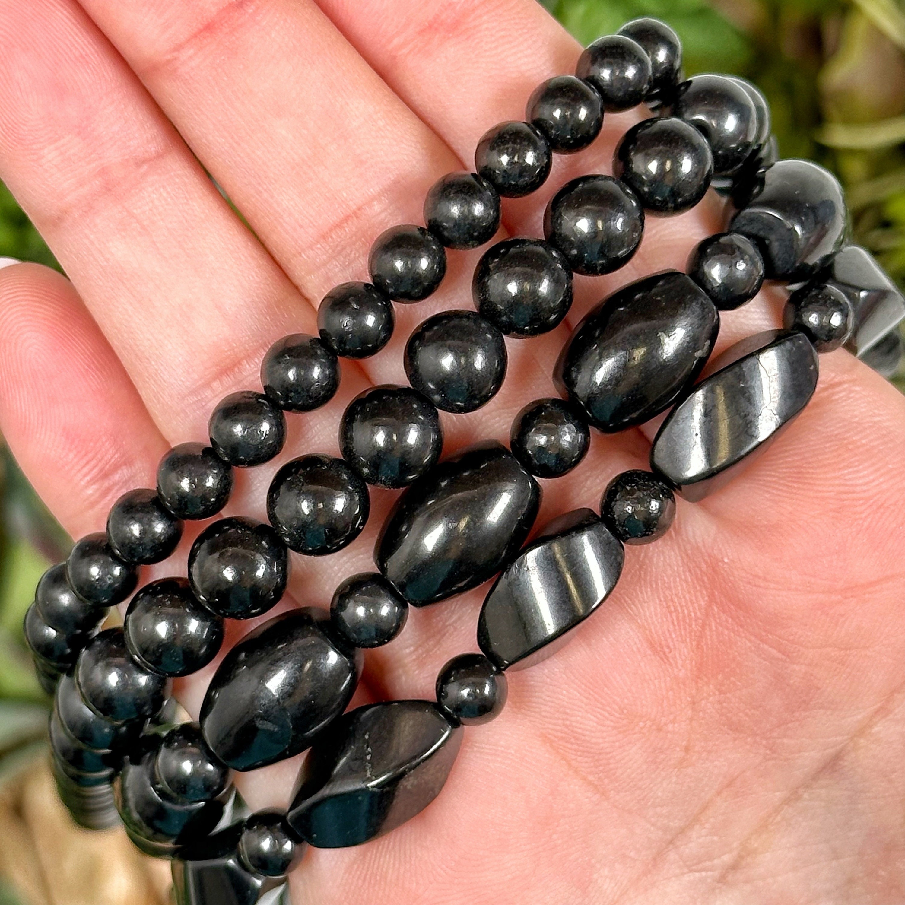 Shungite Beaded Necklace | 6-10mm | - No. 282 (polished Black Crystal Jewelry, Root Chakra, Grounding)