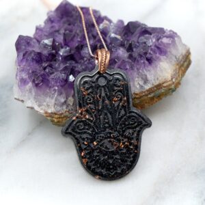 Elite Noble Shungite Copper Orgonite Hamsa 2.5'' X 1.75'' Orgone Energy Emf Protection Handmade Necklace 18'' Copper Chain