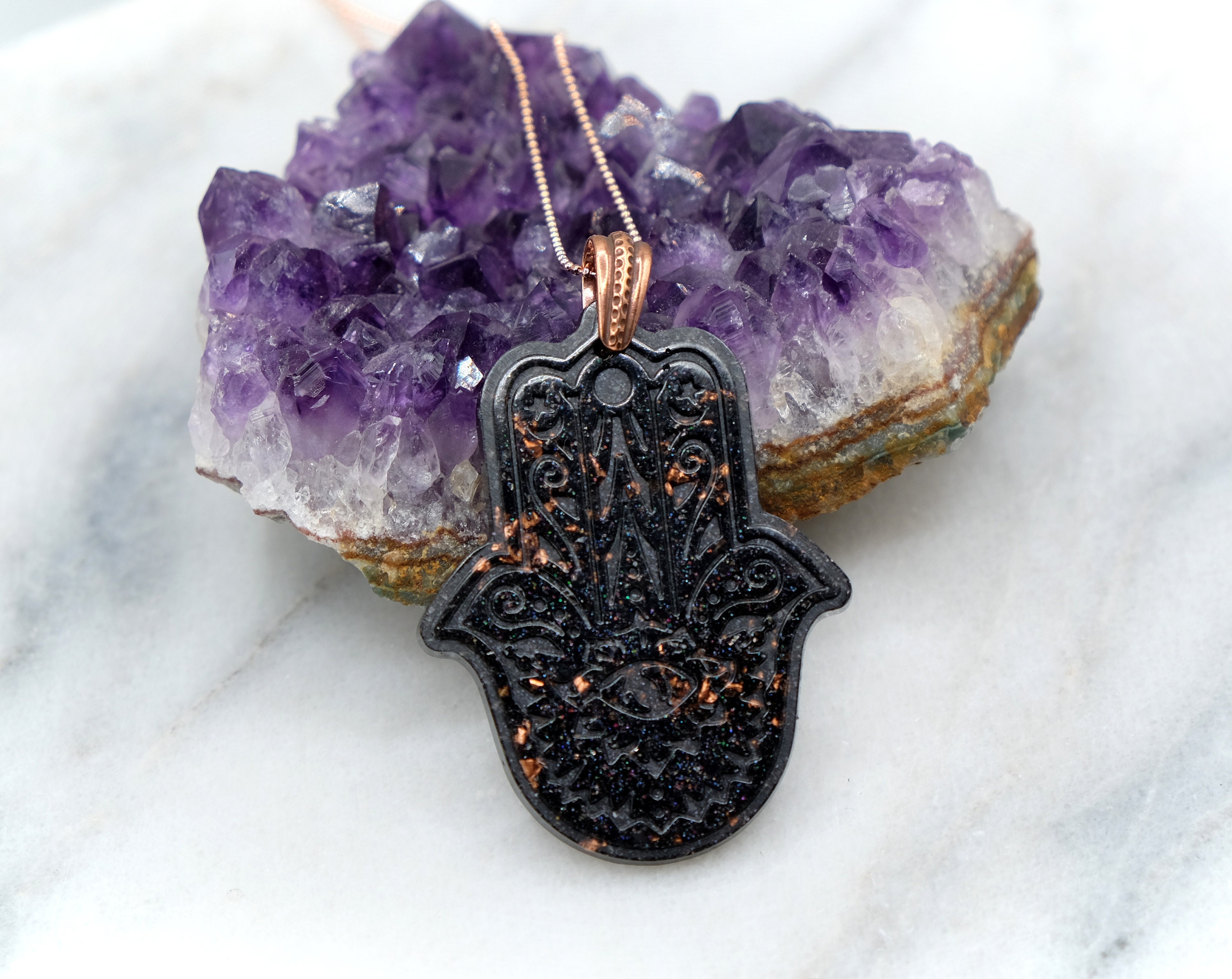 Elite Noble Shungite Copper Orgonite Hamsa 2.5'' X 1.75'' Orgone Energy Emf Protection Handmade Necklace 18'' Copper Chain