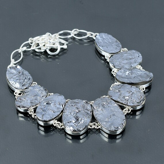 Handmade Shungite Rough Gemstone Necklace: 925 Sterling Silver, Adjustable
