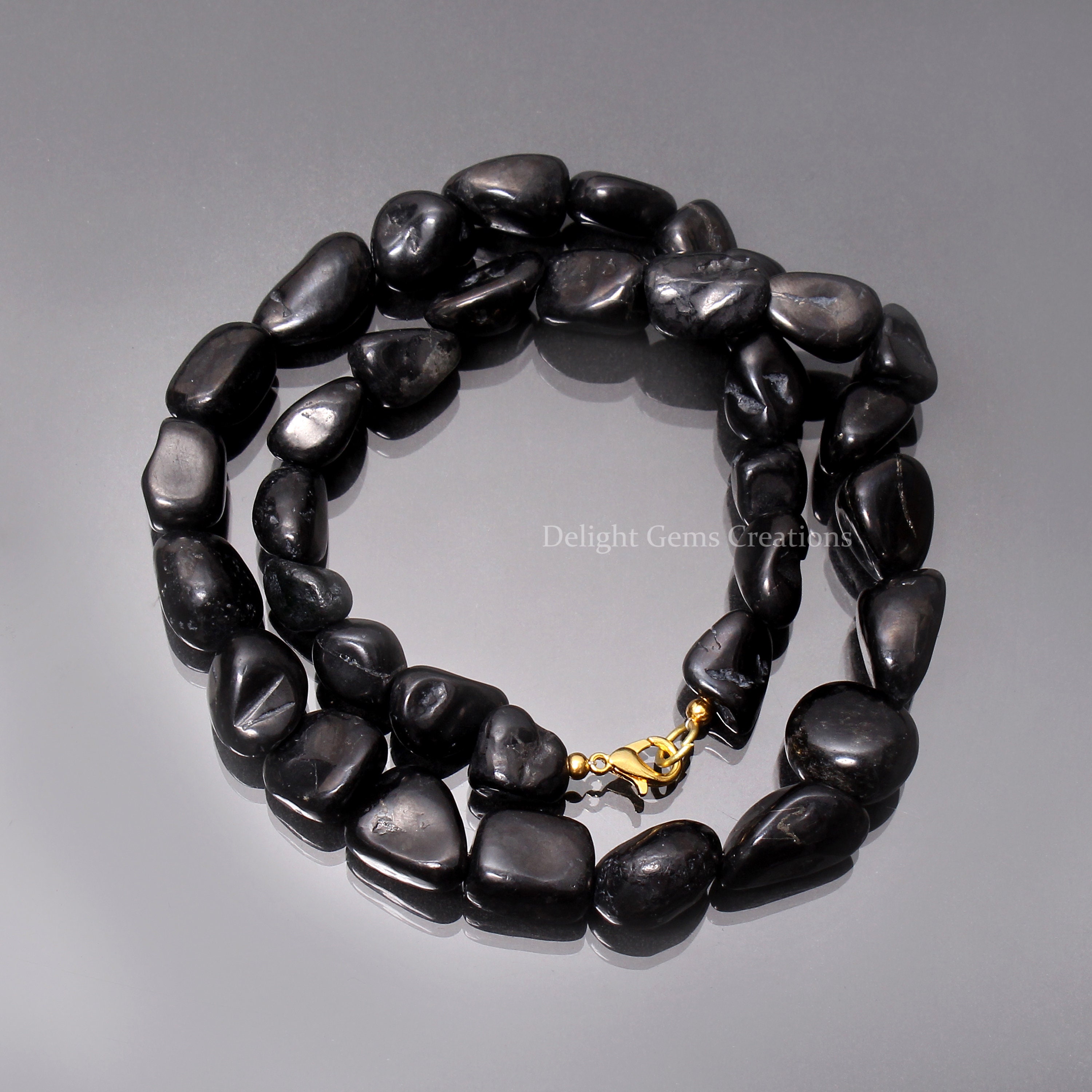 Natural Shungite Tumble Bead Necklace, Gemstone Jewelry, 18 Inches