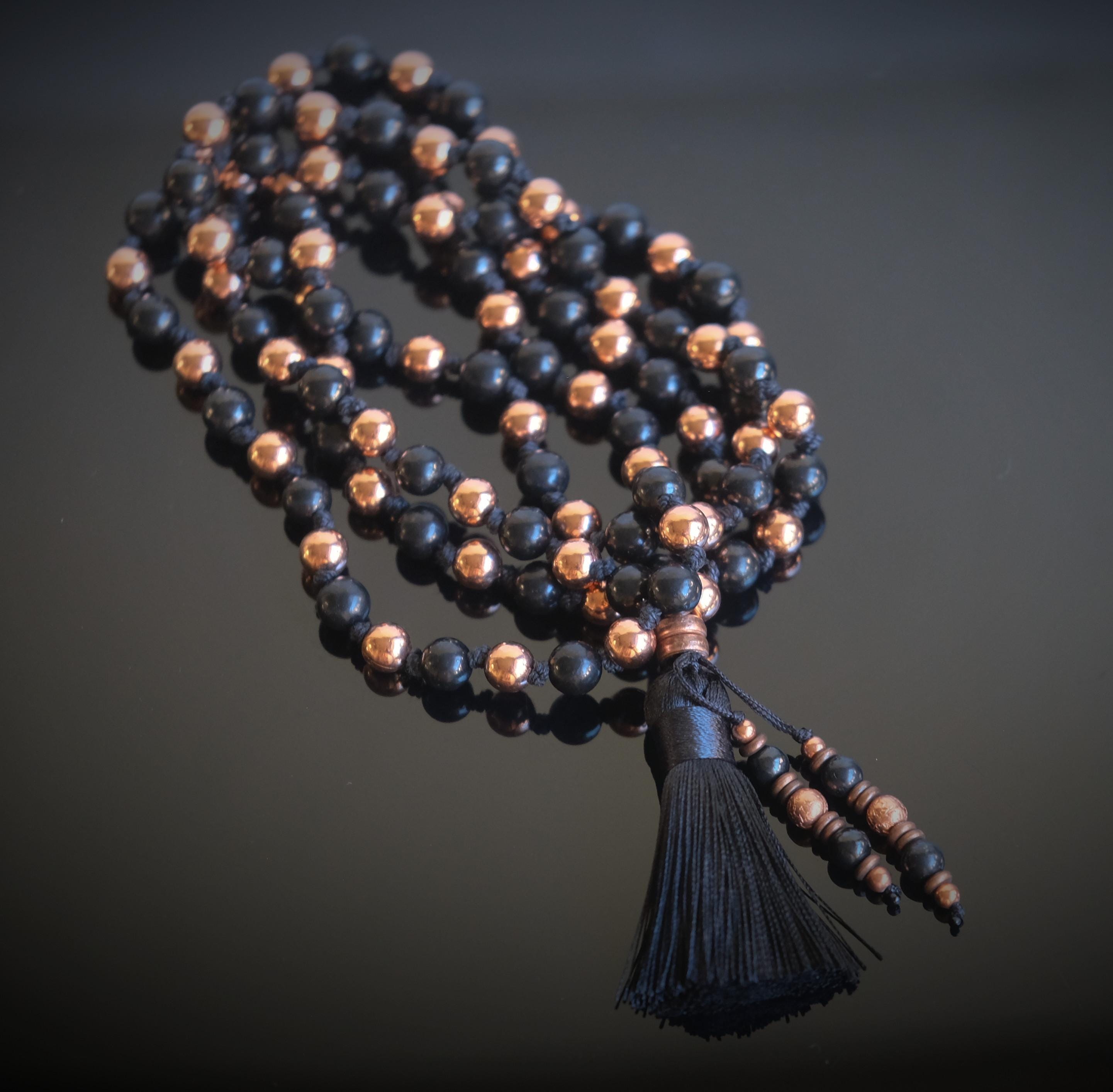 Shungite + Pure Copper 8mm Hand Knotted 40'' Mala Tassel Necklace Handmade Shungite + Pure Copper 8mm Hand Knotted 40'' Mala Tassel Necklace Handmade