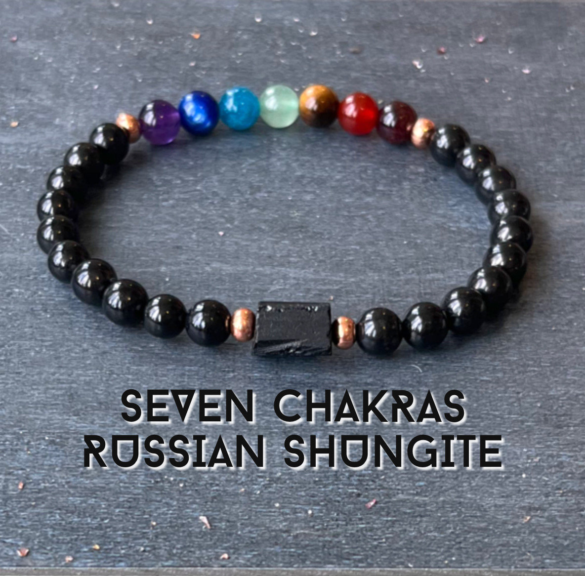 Russian Shungite 7 Chakras With Untreated Copper // 6mm Beads - Stimulates Energy Flow - Emf Shield - Wonderfully Protective