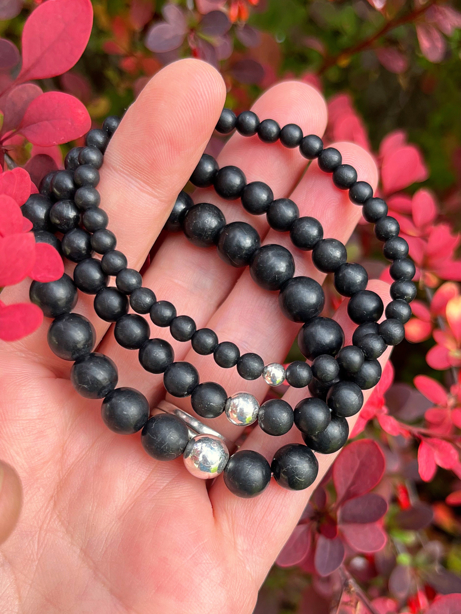 The Russian Shungite Stack With Sterling Silver // 4mm, 6mm, 8mm Beads - Root Chakra Support - Stimulates Energy Flow - Emf Shield