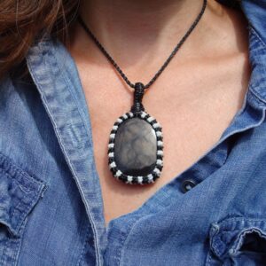 Authentic Handmade Shungite Necklace: Emf Mitigating Stone Pendant, Macrame Style Protection Amulet