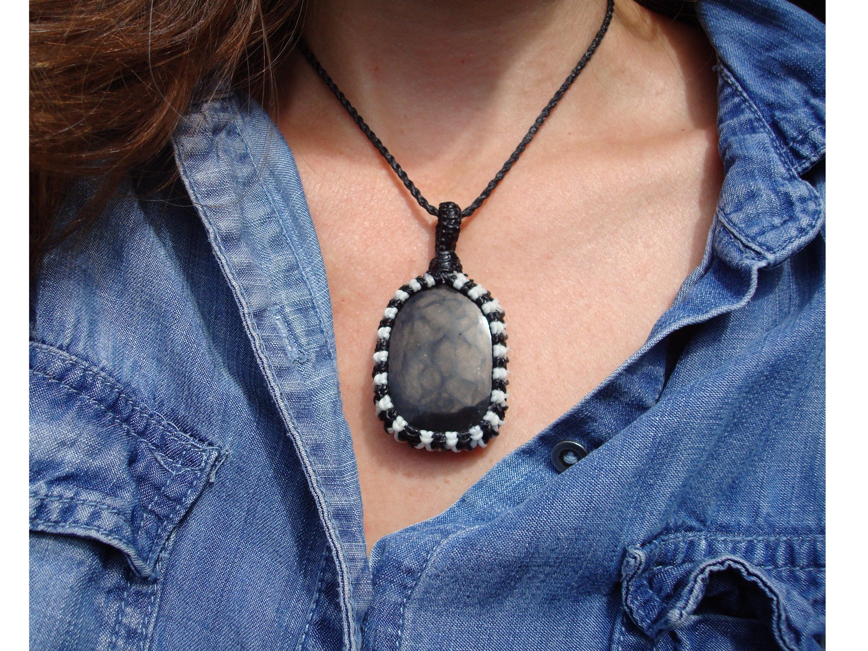 Authentic Handmade Shungite Necklace: Emf Mitigating Stone Pendant, Macrame Style Protection Amulet