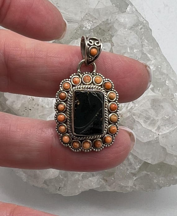 Black Shungite And Orange Coral Pendant