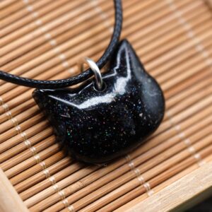 Elite Shungite Crushed, Galaxy Rainbow Ultra Fine Glitter & Resin 0.75'' Kitty Cat Head Pendant Black Cord Anti-EMF Handmade Necklace