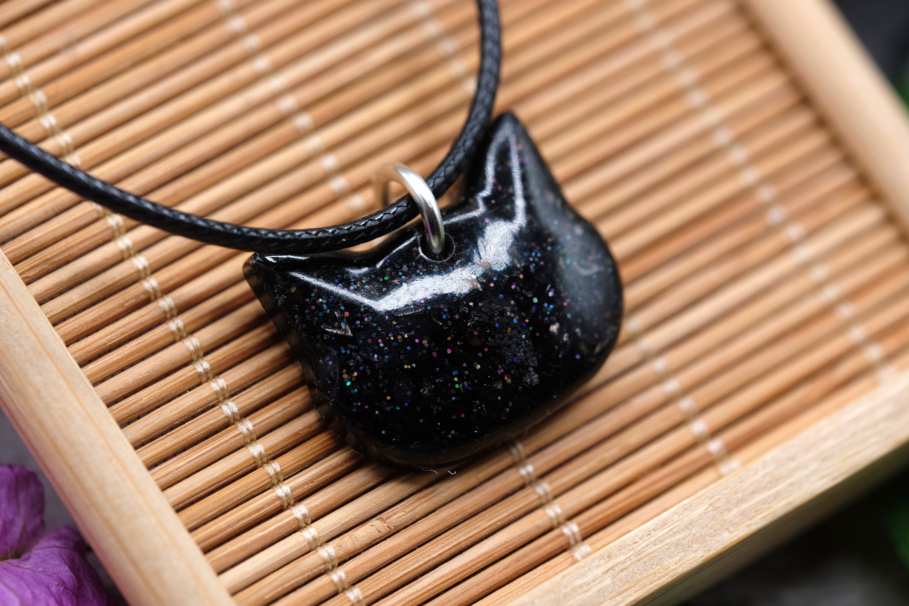 Elite Shungite Crushed, Galaxy Rainbow Ultra Fine Glitter & Resin 0.75'' Kitty Cat Head Pendant Black Cord Anti-emf Handmade Necklace Elite Shungite Crushed, Galaxy Rainbow Ultra Fine Glitter & Resin 0.75'' Kitty Cat Head Pendant Black Cord Anti-emf Handmade Necklace