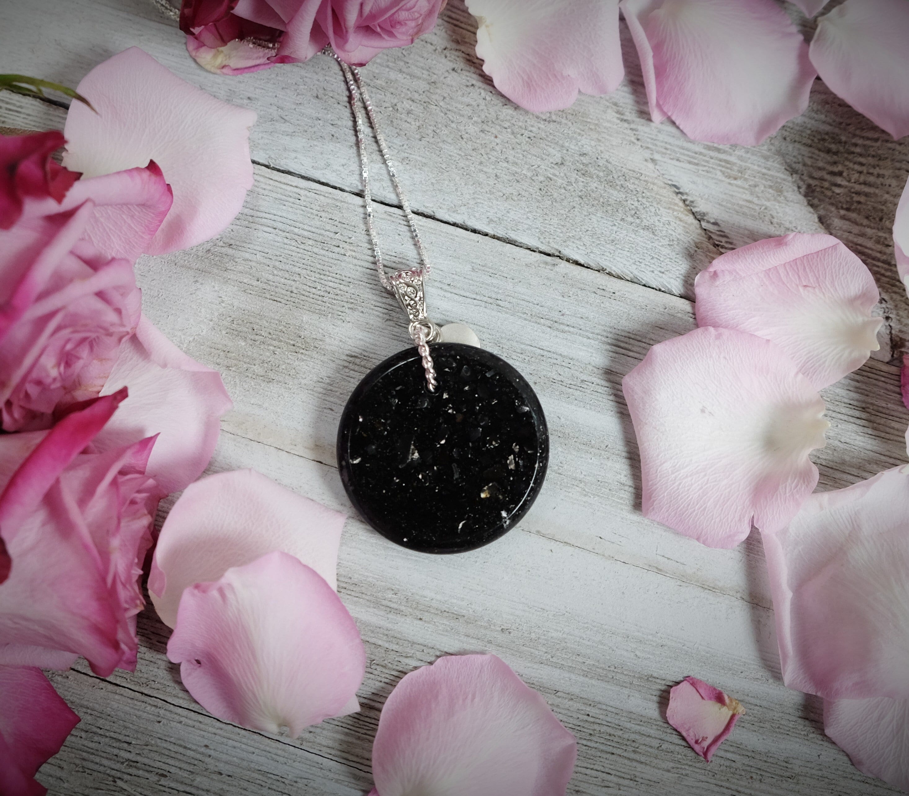 Elite Noble Shungite 40mm Smooth Round Disc Resin Pendant Handmade Necklace Sterling Silver Chain Optional