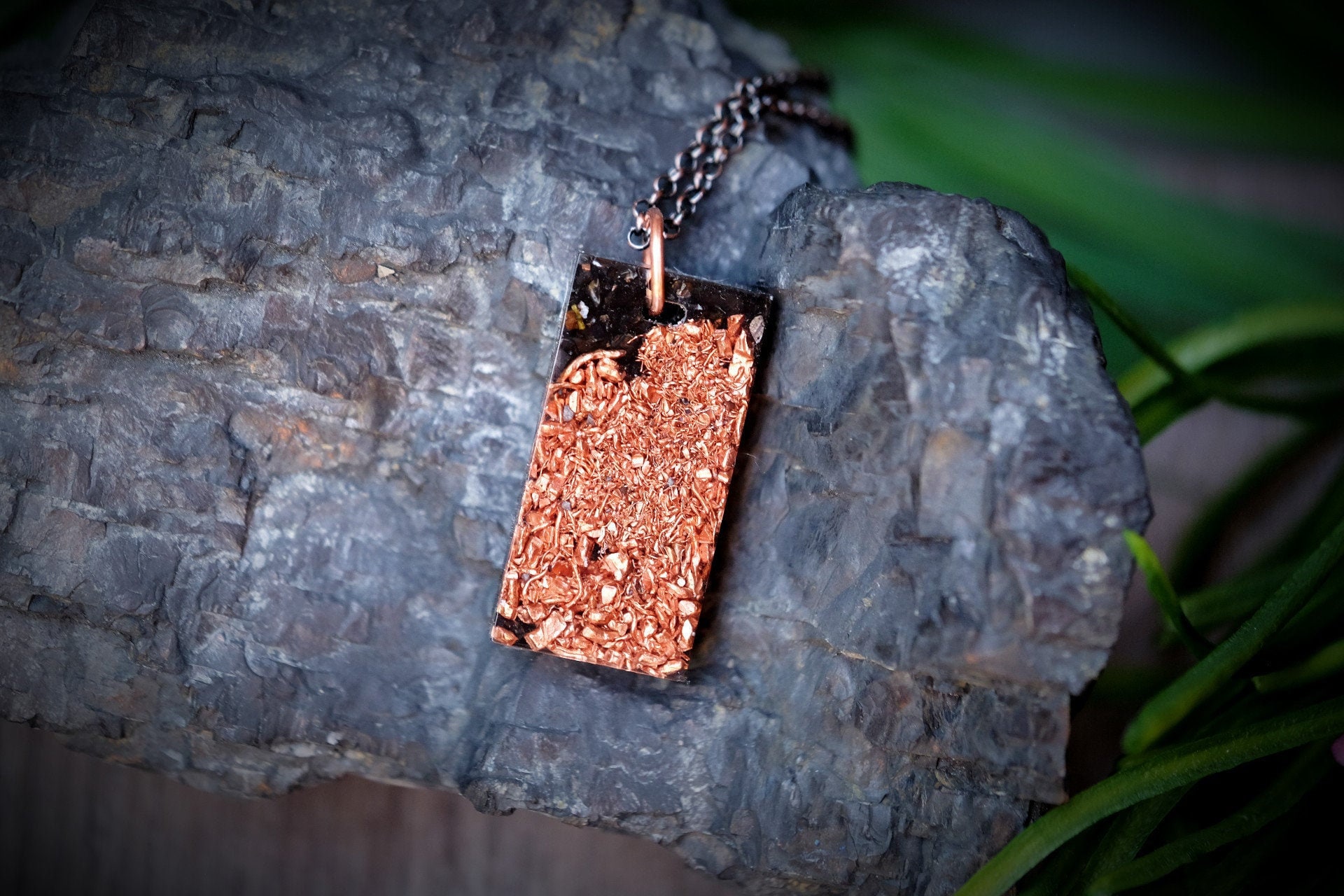 Elite Noble Shungite + Copper Orgonite 1.5 Inch Verticle Rectangle Pendant Rose Gold Chain Necklace Orgone Energy