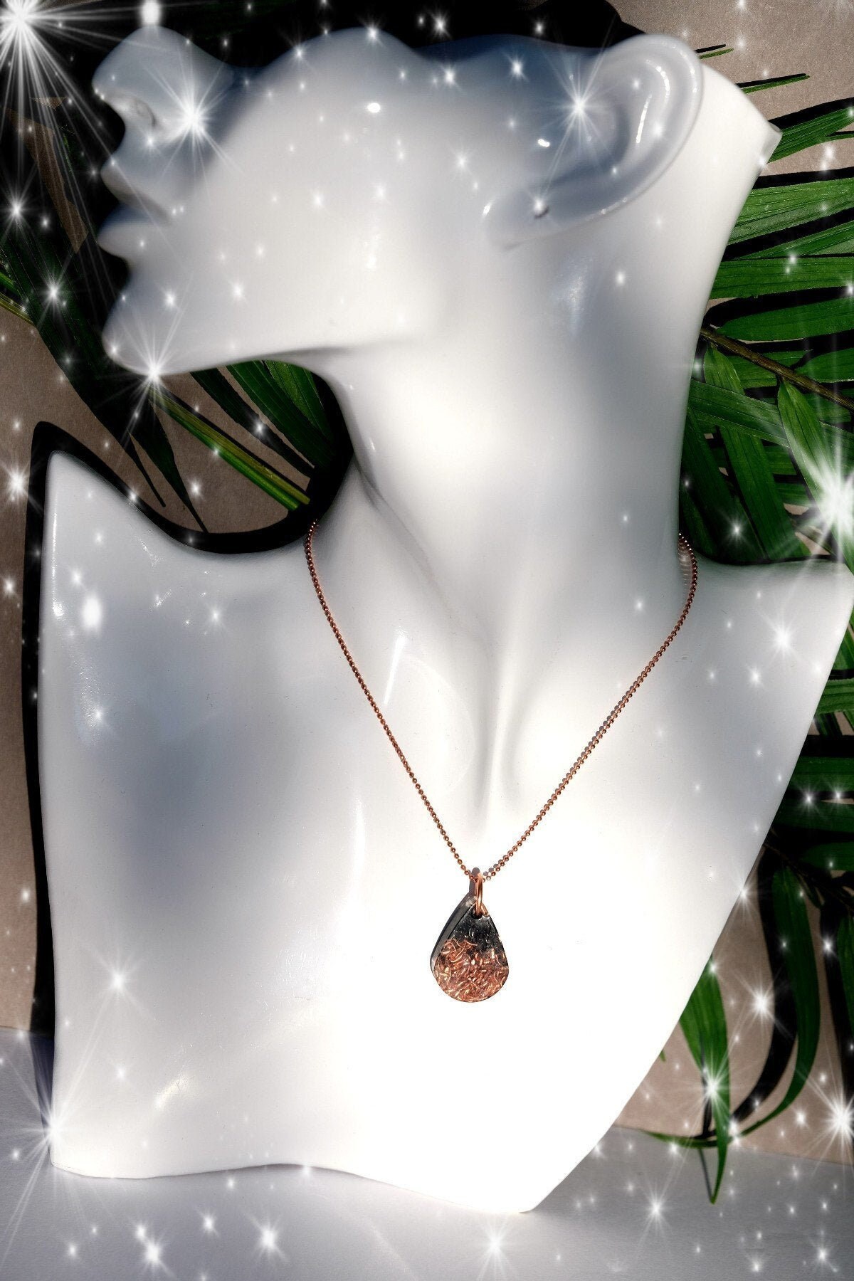 Elite Noble Shungite + Copper Orgonite 0.9 Inch Tear Drop Pendant Rose Gold Chain Necklace Orgone Energy