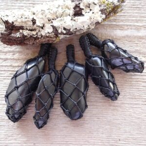 Emf Protection Black Stone Shungite Macrame Necklace, Detoxification Healing Crystals And Stones, Macrame Stone Pendant, Gift For Him