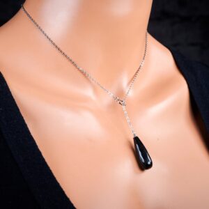 Genuine Untreated Russian Karelian Black Shungite Teardrop Gemstone Pendant On Stainless Steel Adjustable Chain
