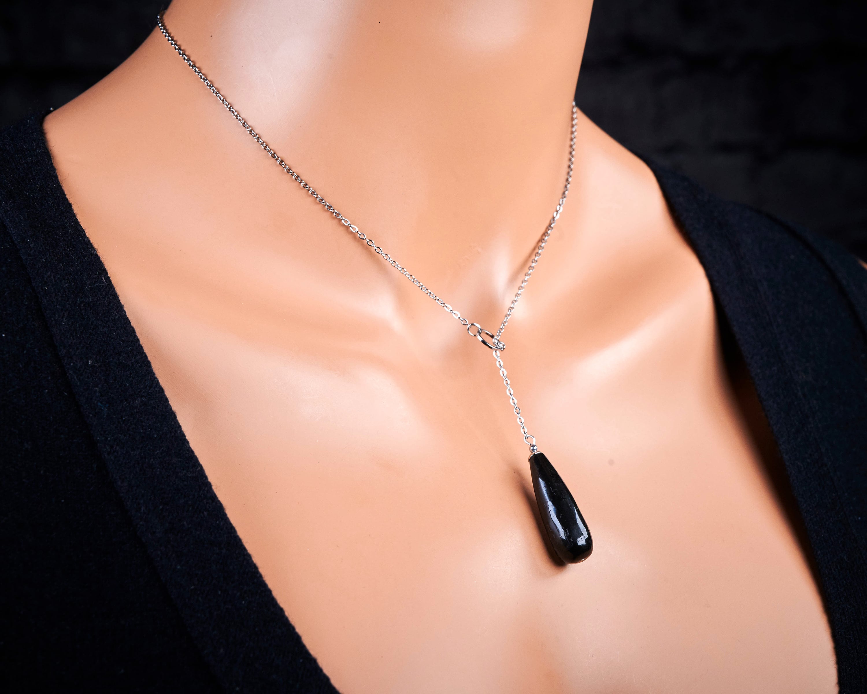 Genuine Untreated Russian Karelian Black Shungite Teardrop Gemstone Pendant On Stainless Steel Adjustable Chain