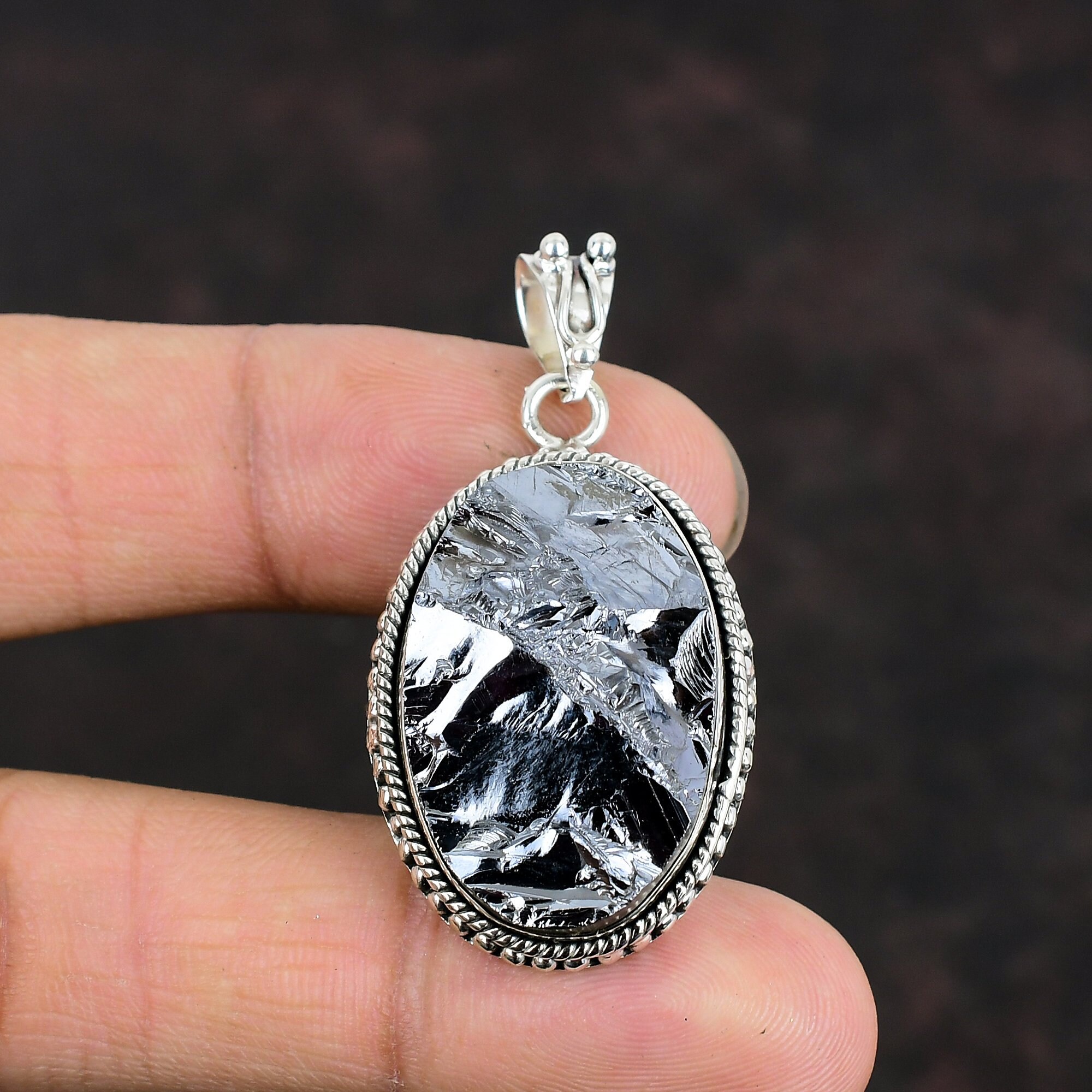 Handmade Shungite Pendant, Rough Gemstone, 925 Sterling Silver Handmade Shungite Pendant, Rough Gemstone, 925 Sterling Silver