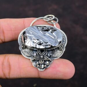 Handmade Shungite Rough Gemstone Pendant: 925 Sterling Silver Flower Jewelry Handmade Shungite Rough Gemstone Pendant: 925 Sterling Silver Flower Jewelry