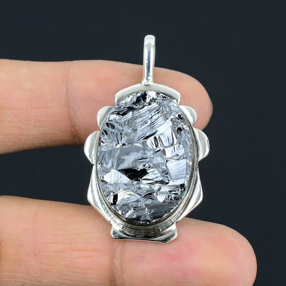 Handmade Shungite Rough Gemstone Pendant: 925 Sterling Silver Jewelry