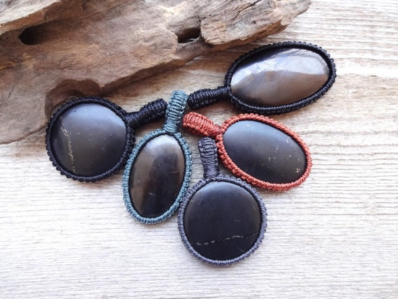 Shungite Macrame Pendant, Root Chakra Necklace, Emf Protection Pendant Necklace, Black Stone Pendant For Everyday, Mens Jewelry Gift