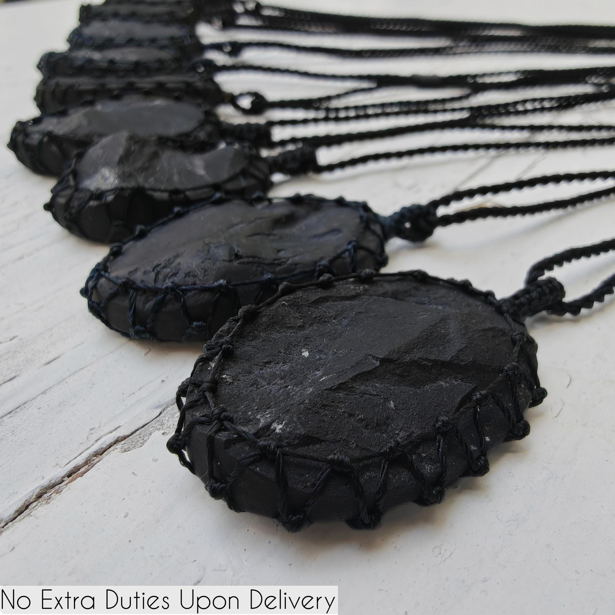 Raw Shungite Necklace For Women Or Men, Energy Protection Jewelry, Macrame Black Stone Pendant, Meaningful Gifts For Him / Her