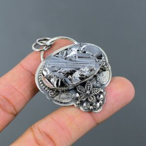 Shungite Rough Gemstone Pendant: Handmade 925 Sterling Silver Flower Jewelry