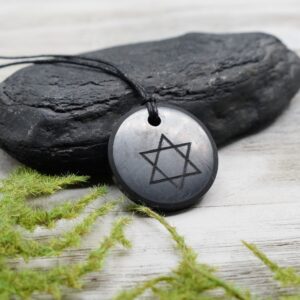 Shungite Six Pointed Star of David Black Round Flat Pendant Minimalist Black Cotton Cord Necklace EMF 5G Protection 30mm x 4mm