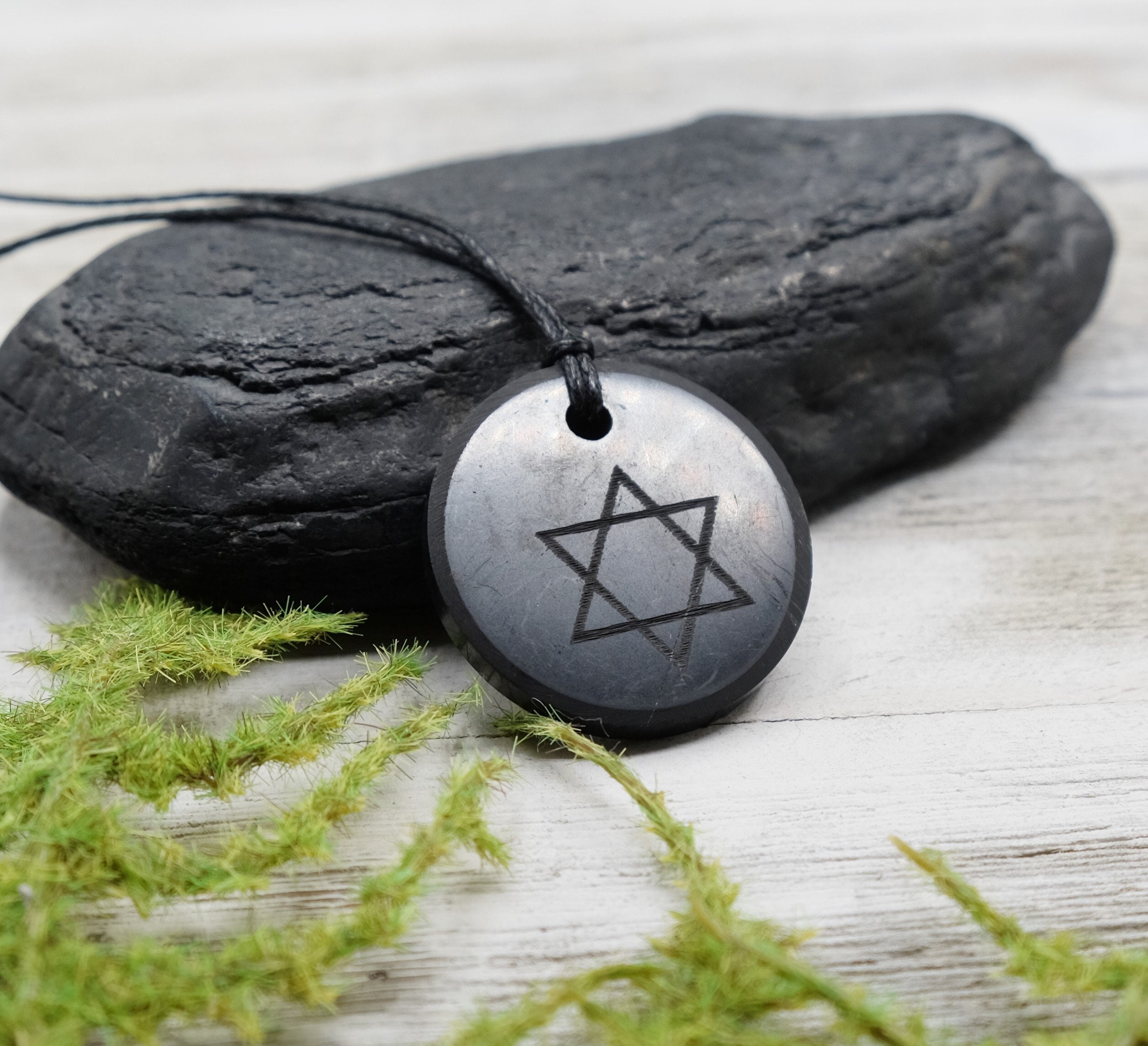 Shungite Six Pointed Star Of David Black Round Flat Pendant Minimalist Black Cotton Cord Necklace Emf 5g Protection 30mm X 4mm Shungite Six Pointed Star Of David Black Round Flat Pendant Minimalist Black Cotton Cord Necklace Emf 5g Protection 30mm X 4mm