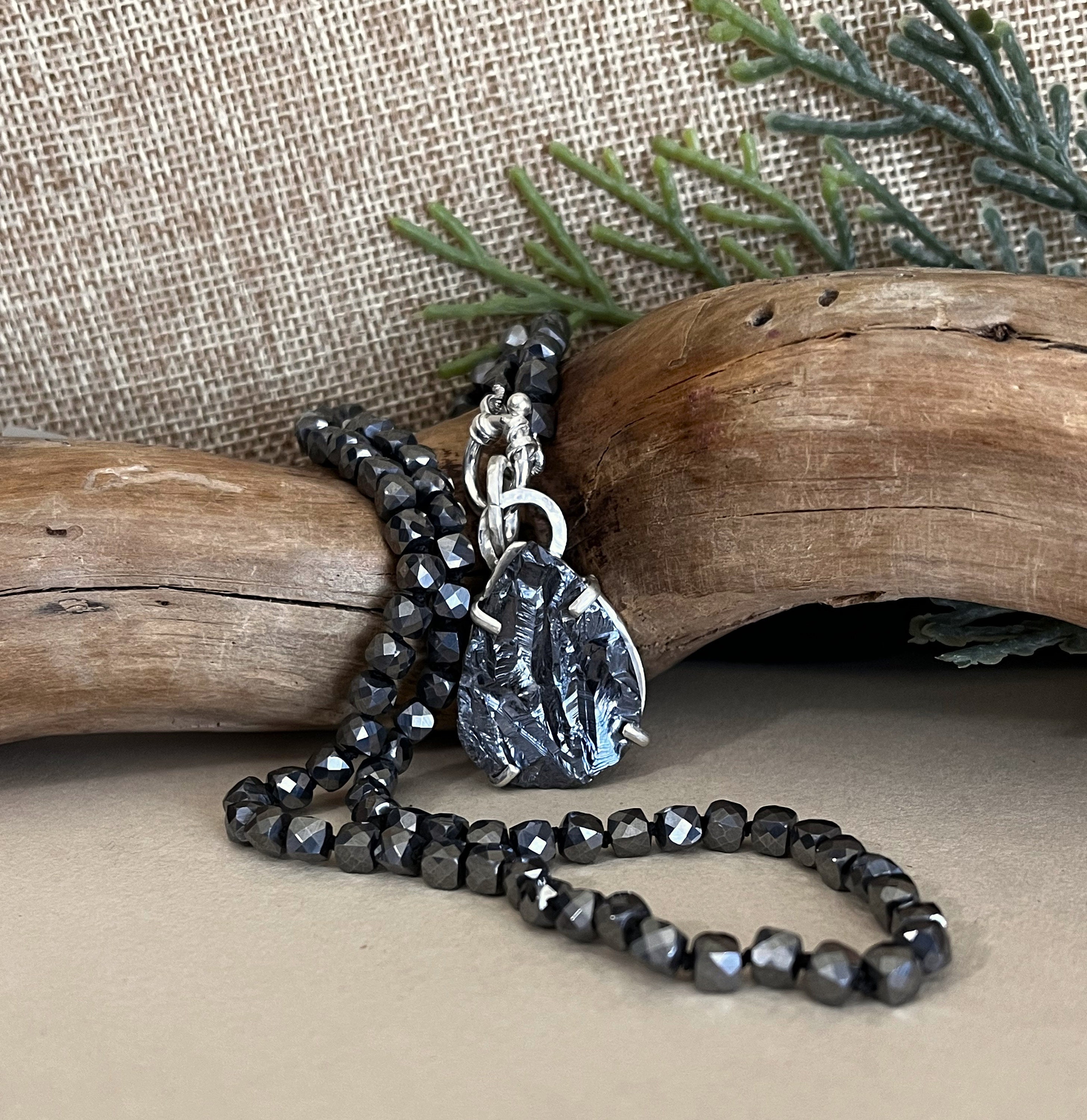 Shungite Teardrop Pendant Necklace: Sterling Silver, Grade Aa Terahertz Beads, Hand Knotted