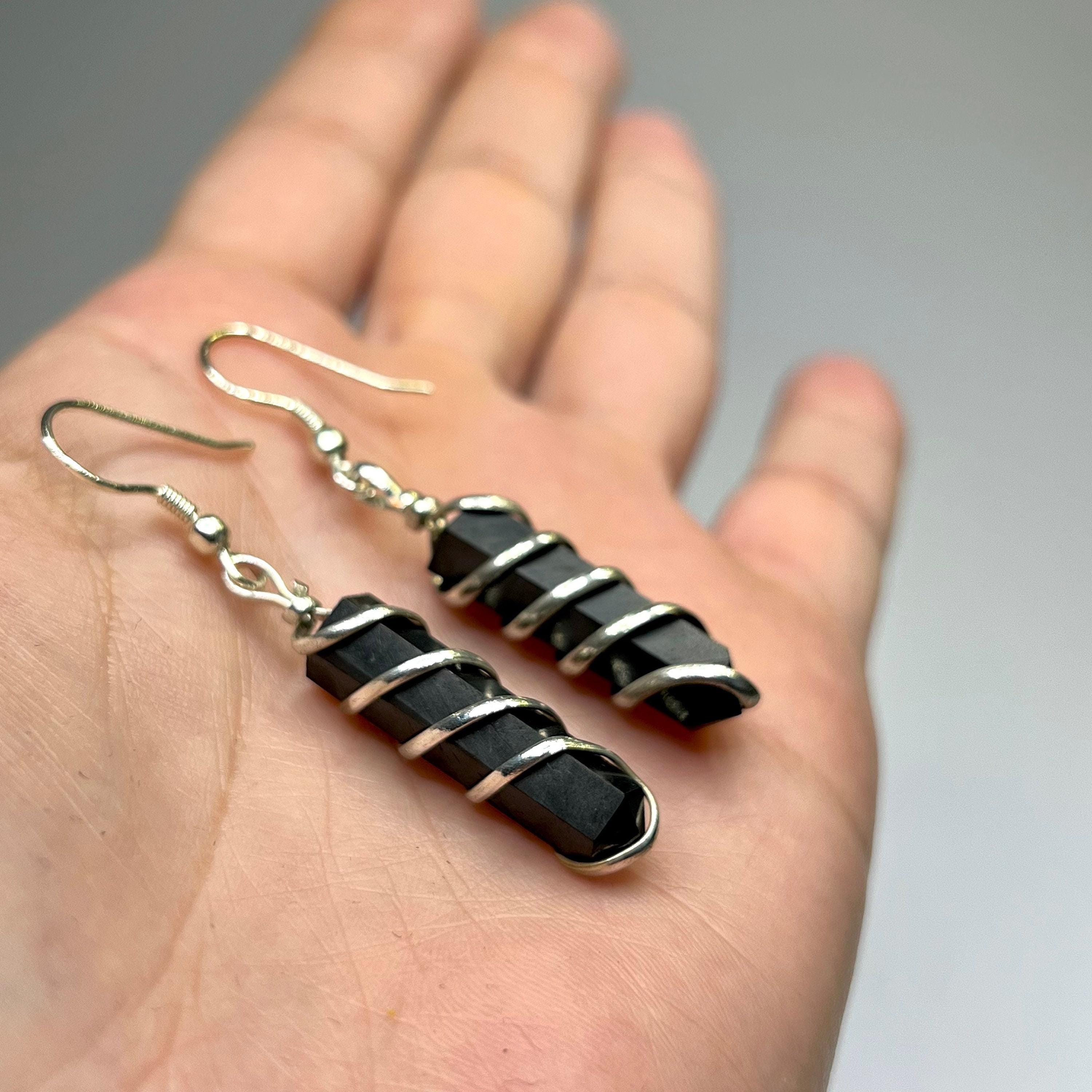 Shungite Dangle Earrings - Wire Wrapped Gemstone Point