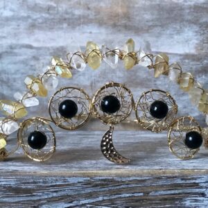 Shungite Quartz Crystal Crown, Gold Wire Wrapped Moon Tiara