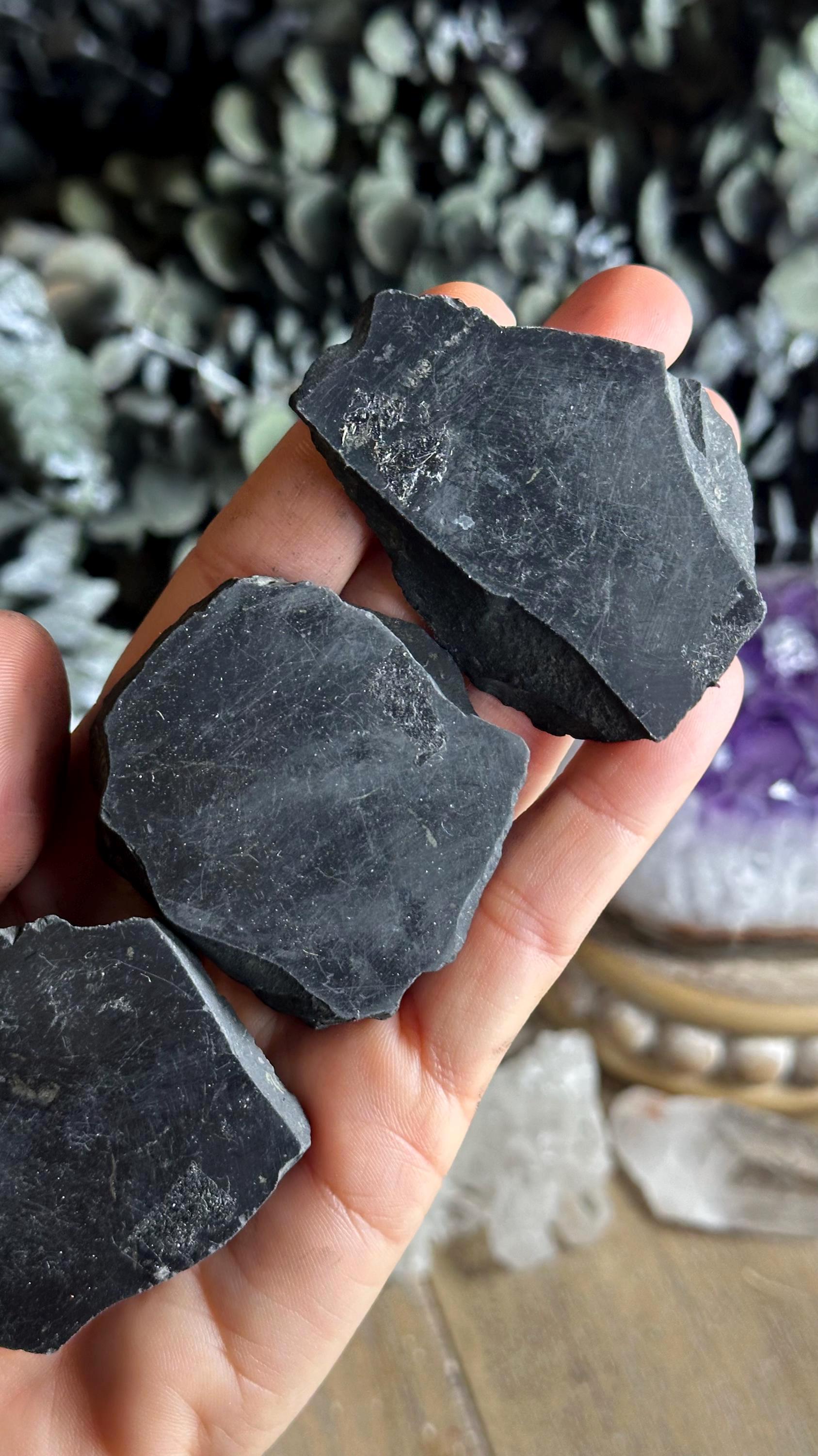 Raw Shungite Half Polished Slab Rough, Emf Resisting, Cleansing, Detoxing