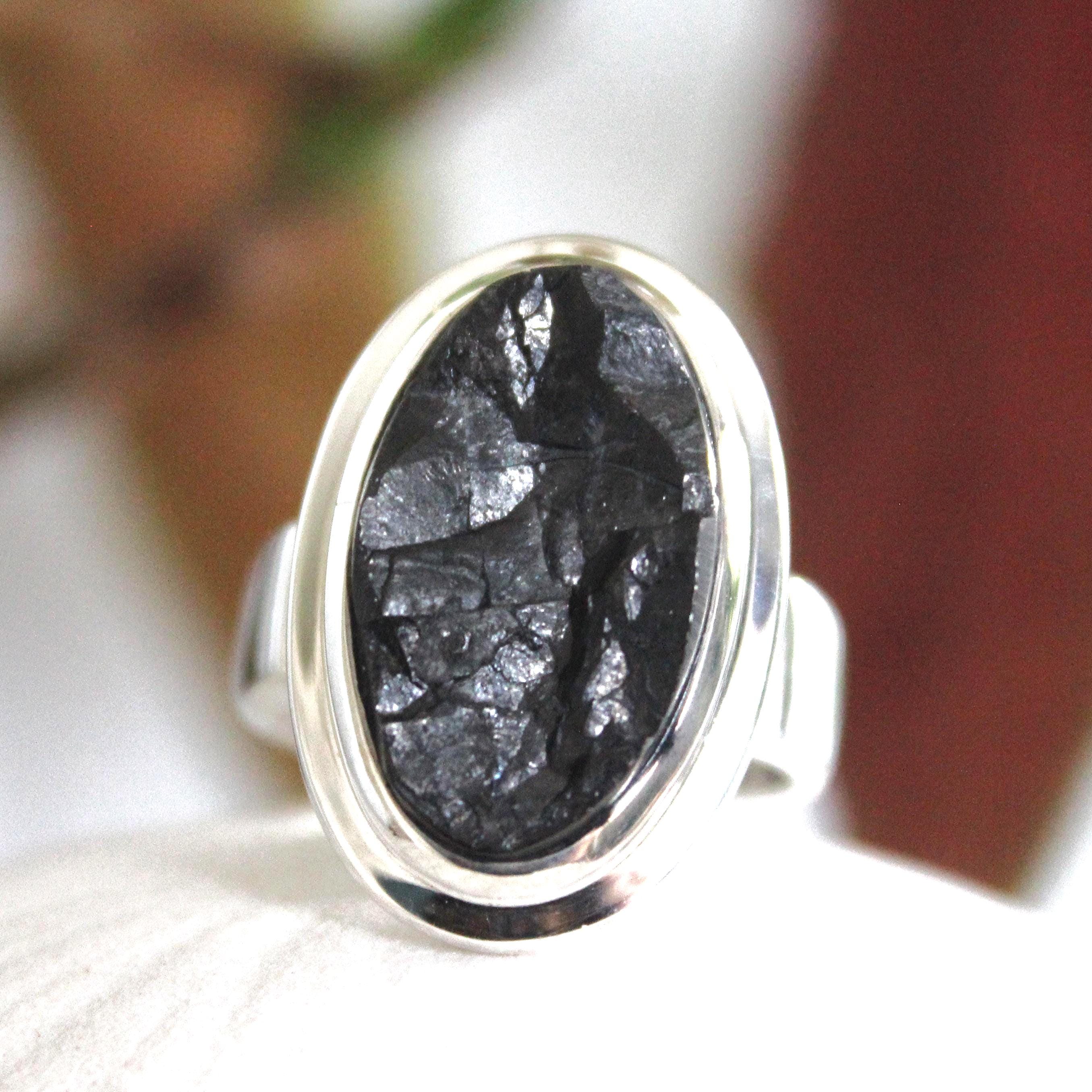 Shungite 925 Silver Ring: Natural Stone, Unisex Size 8.5-9