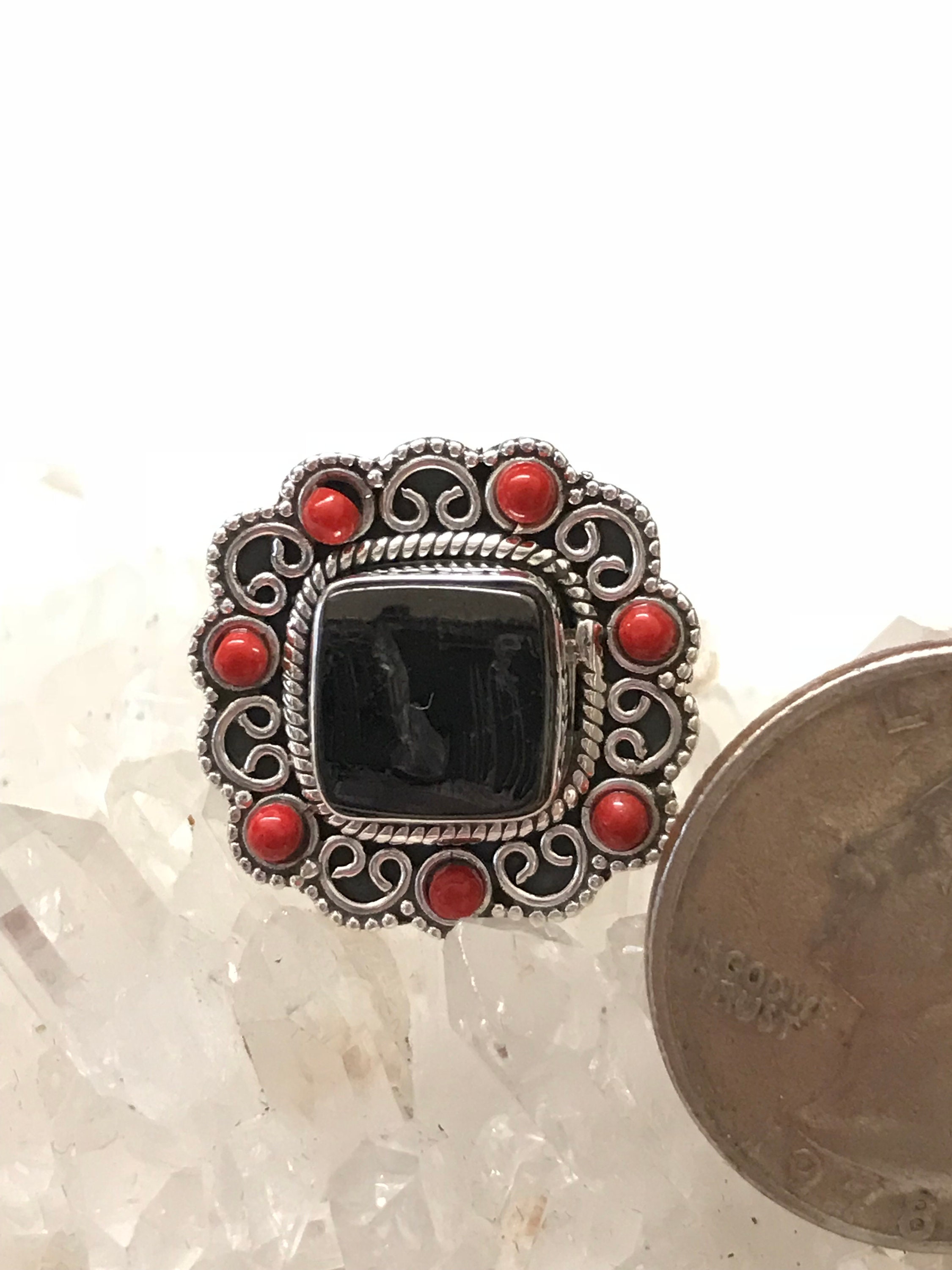 Black Shungite And Red Coral Ring Size 9 Black Shungite And Red Coral Ring Size 9