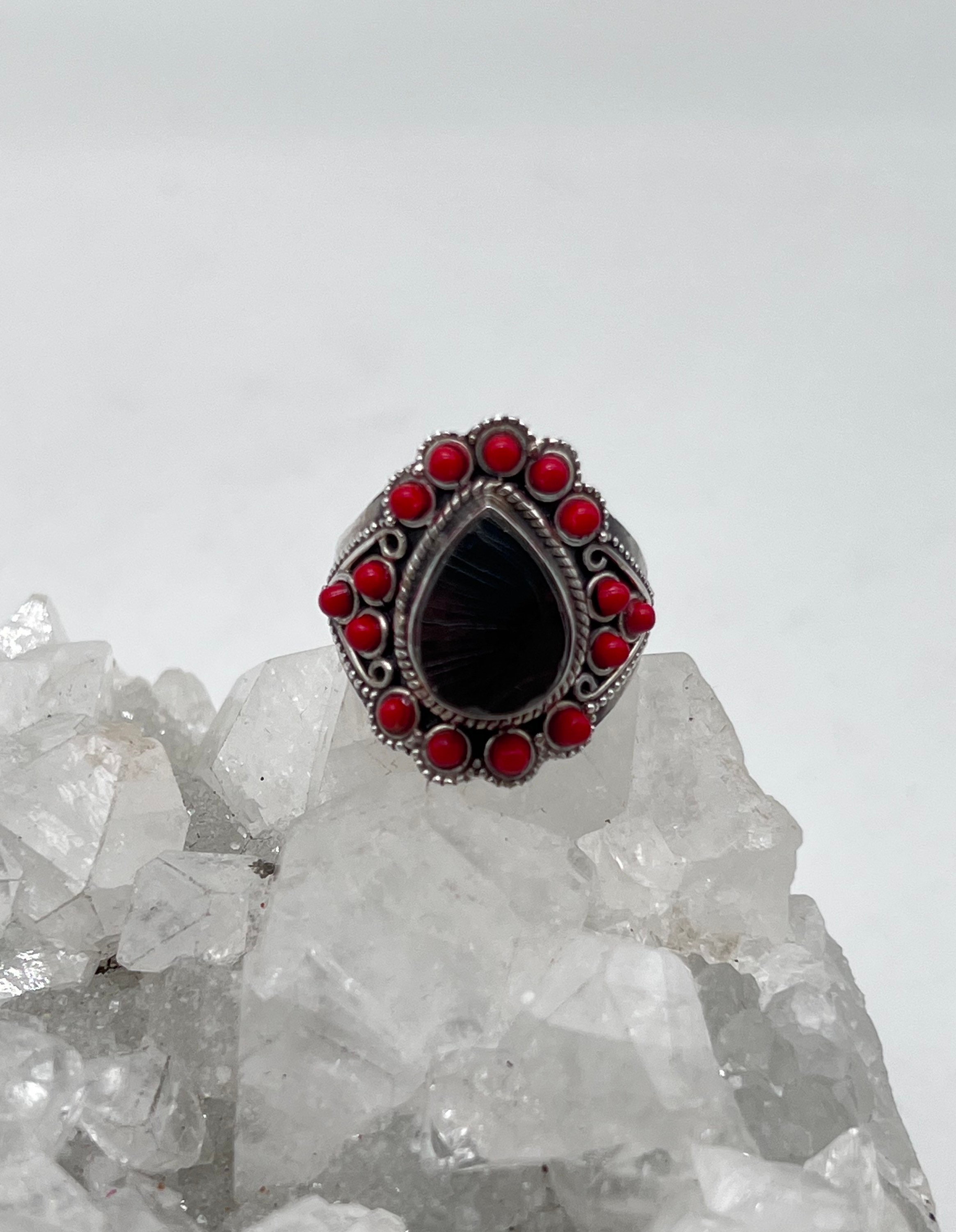 Black Shungite And Red Coral Ring, Size 9 1/2 Black Shungite And Red Coral Ring, Size 9 1/2