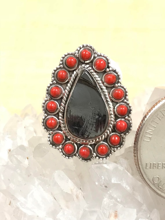 Black Shungite And Red Coral Ring Size 6