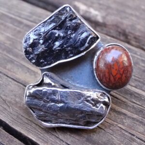 Handmade Sterling Silver Meteorite, Shungite & Dinosaur Bone Ring - Size 8 Handmade Sterling Silver Meteorite, Shungite & Dinosaur Bone Ring - Size 8