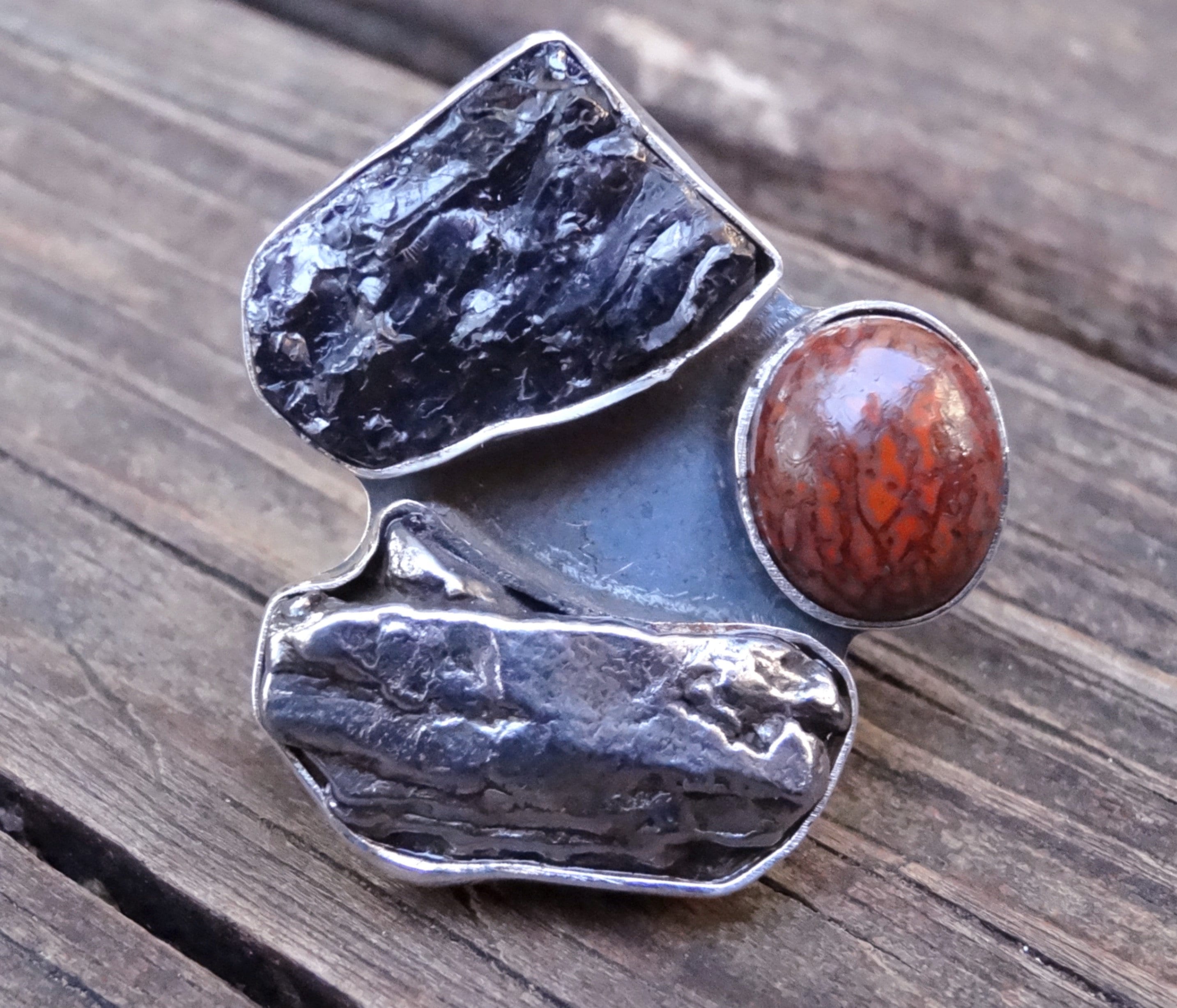 Handmade Sterling Silver Meteorite, Shungite & Dinosaur Bone Ring - Size 8