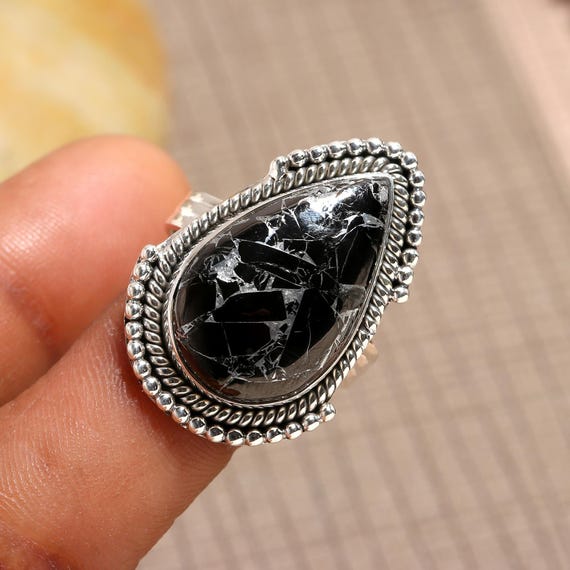 Silver Shungite Ring: Pear Gemstone, 925 Sterling Silver, Boho Handmade Jewelry