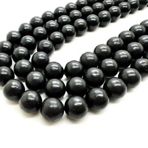 Natural Shungite Round Beads: Lustrous Black Gemstone Strand (15.5") - Rn203