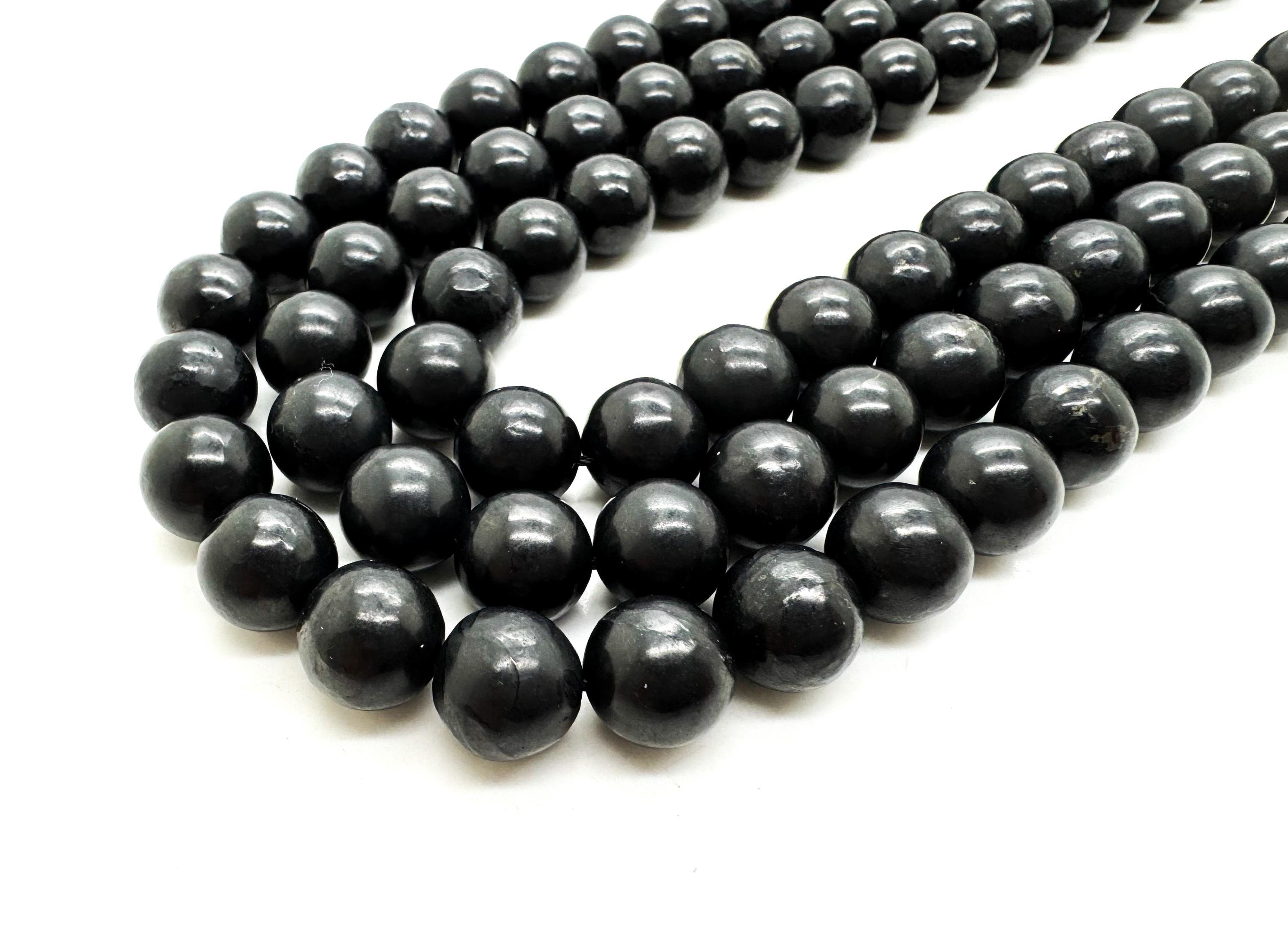 Natural Shungite Round Beads: Lustrous Black Gemstone Strand (15.5") - Rn203