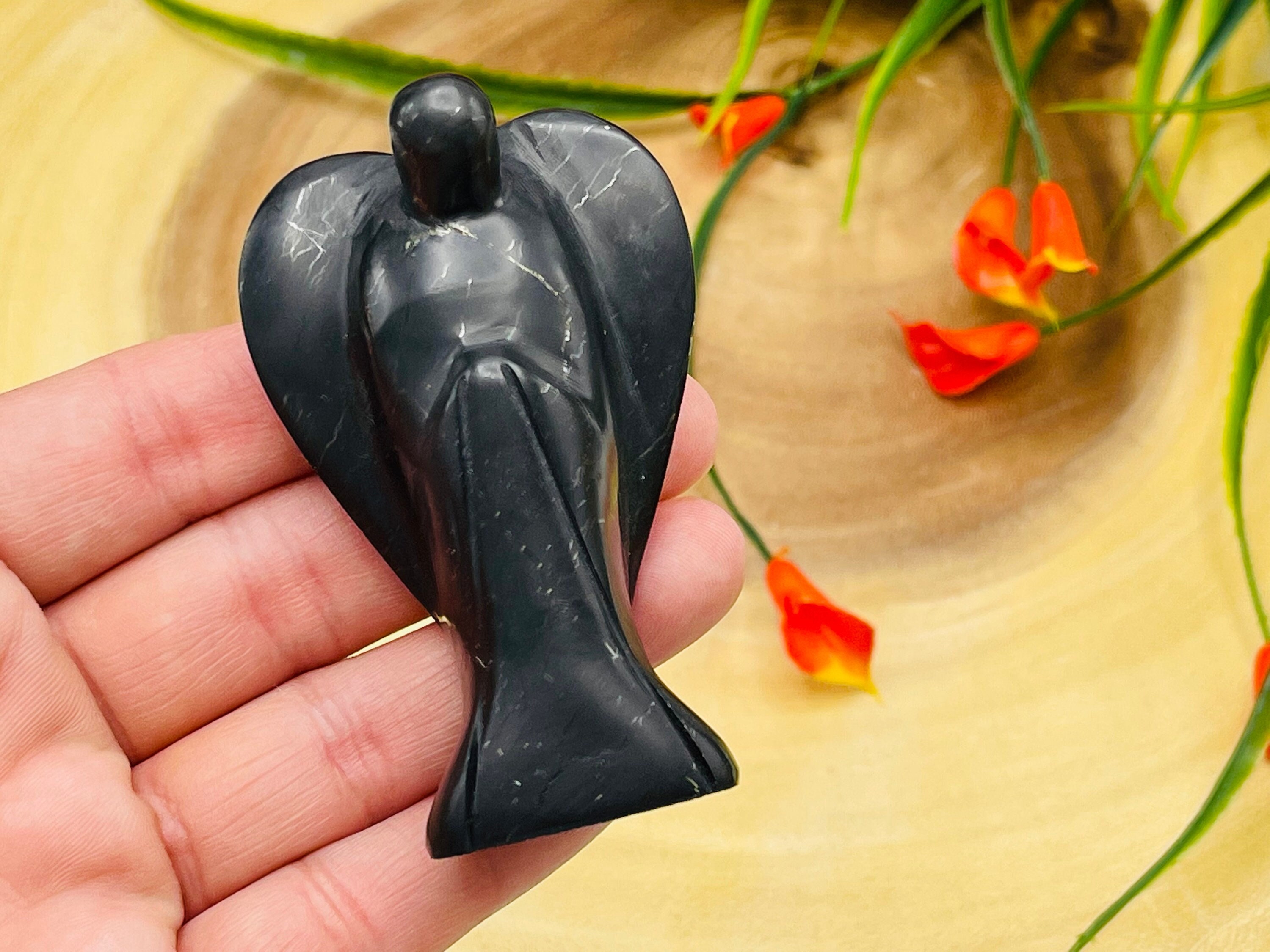 Shungite Crystal Angel Figurine, Emf Protection, Standing Statuette, Angelic Reiki, Metaphysical Healing Stone