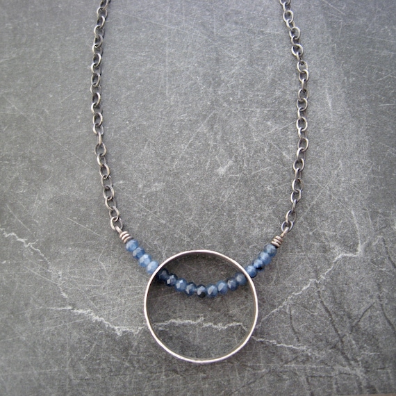 Silver Ring Pendant, Blue Bead Necklace, Oxidized Sterling, Minimalist Jewelry, Metalwork Necklace