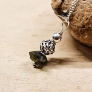 Small Raw Moldavite Necklace. Reiki Jewelry Uk. Bali Silver Wire Wrapped Pendant