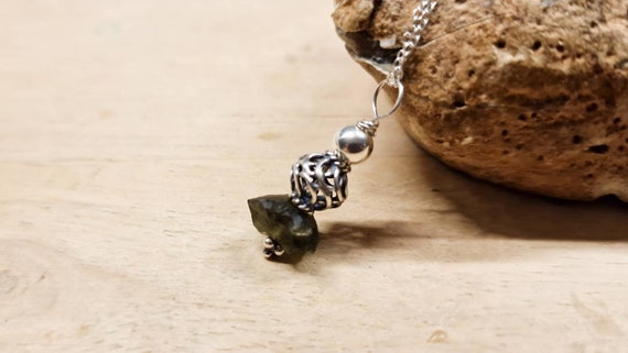 Small Raw Moldavite Necklace. Reiki Jewelry Uk. Bali Silver Wire Wrapped Pendant
