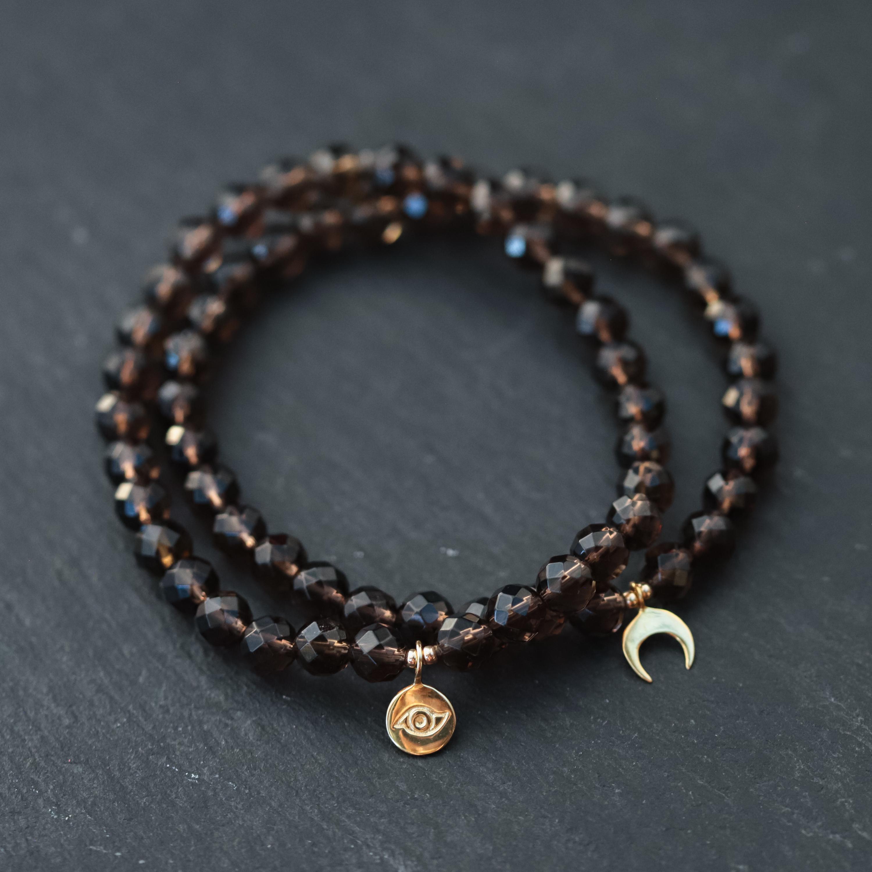 Smoky Quartz Bracelet 6mm | Faceted Gold Smoky Quartz Bracelet | [ebsm1609] Smoky Quartz Elastic Bracelet | Women's Smoky Quartz
