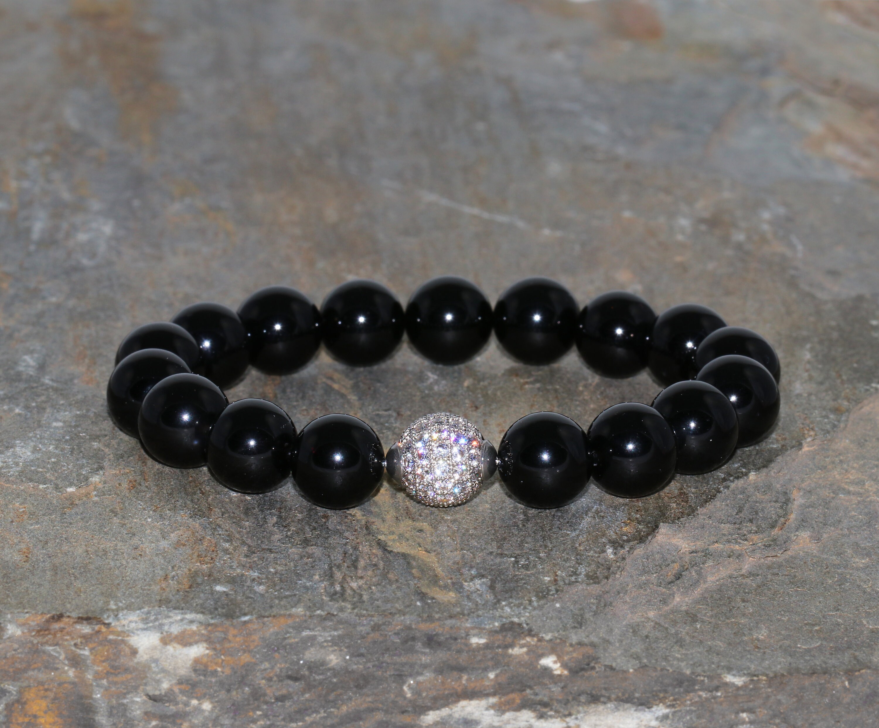 Brazil Morion Quartz With A Guru Bead Of Zirconias Bracelet Handmade 10mm Beads Grade A+ Black Quartz Beaded Bracelet Gemstone Bracelet