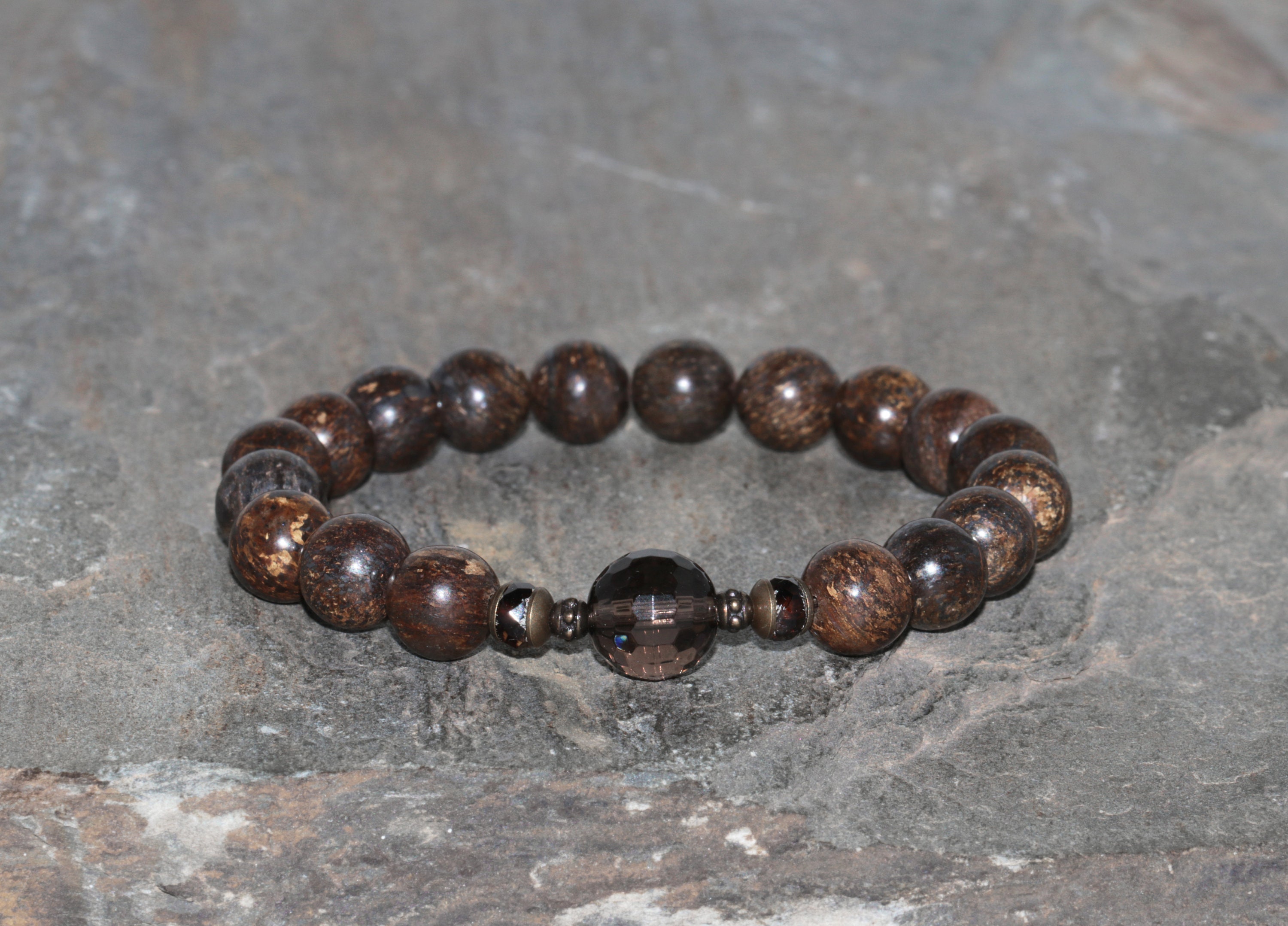 Chunky Bronzite And Smoky Quartz Beaded Bracelet, 8mm Bronzite, 10mm Faceted Brown Quartz, Gemstone Bracelet, Gift, Czech Crystals, Bronze