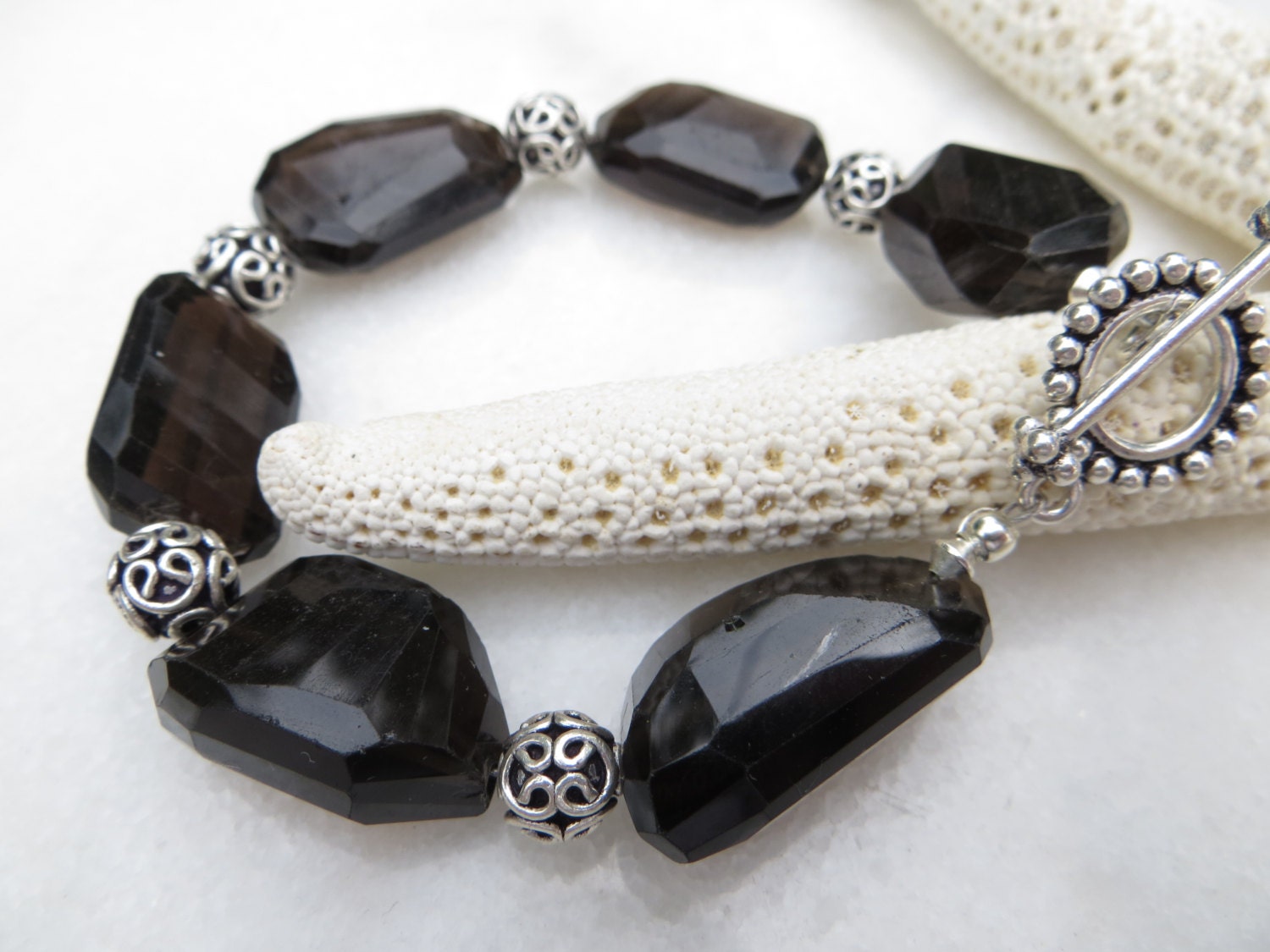 Faceted Smoky Quartz Bracelet, Bali Sterling Silver Toggle, Gemstone Jewelry